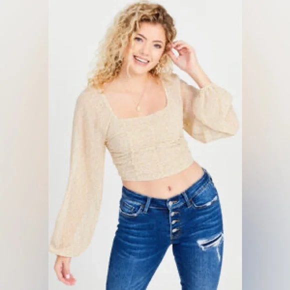 NWT Altar’d State Floral Cropped Cream Ivory Gold Blouse Top - Picture 1 of 5